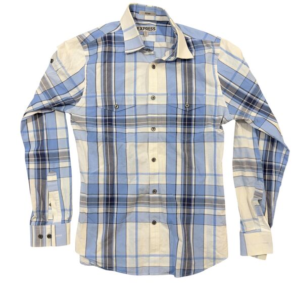 Express Dress Shirt Mens S White Plaid Fitted Comfort Detailed Pockets Button Up - Picture 1 of 7